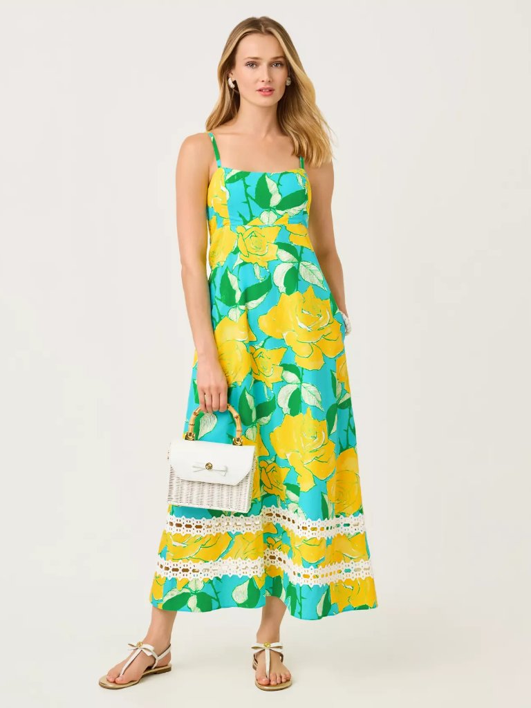 Nwt Lilly Pulitzer Haliey Midi Dress, Blue Curacao Rose Bud, Size 4